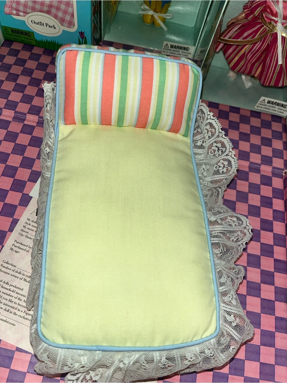 Madame Alexander Pastel Striped Doll Pillow and Yellow Bed with lace trim-VTG